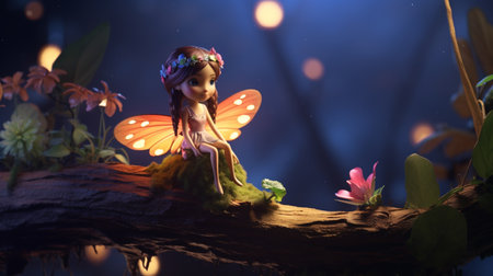 Fairy sitting on a tree branch while looking forwards. Generative AIの素材