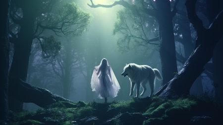 wild girl with her wolf standing in the forest, digital art style, illustration. Generative AIの素材