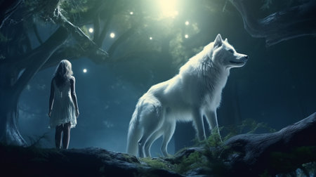 wild girl with her wolf standing in the forest, digital art style, illustration. Generative AIの素材