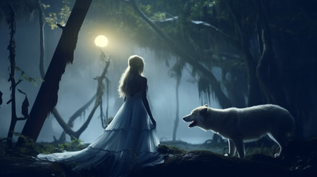 wild girl with her wolf standing in the forest, digital art style, illustration. Generative AIの素材