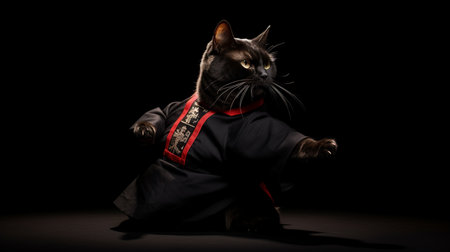 funny fat cat wearing kungfu uniforms. Generative AIの素材