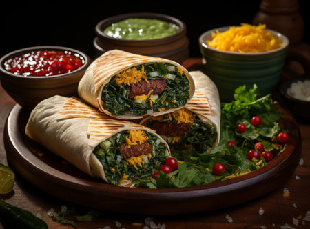 Grilled burritos wraps with chicken, corn, tomatoes and avocado on a wooden board. Generative AIの素材