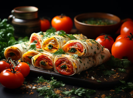 Grilled burritos wraps with chicken, corn, tomatoes and avocado on a wooden board. Generative AIの素材