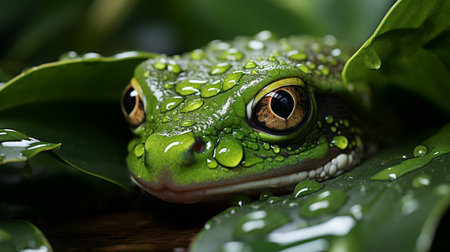 Frog Hiding from Rain under a Leaf. Generative AIの素材