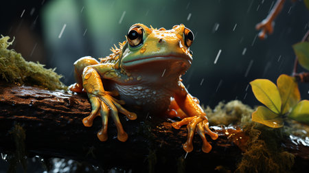 Frog Hiding from Rain under a Leaf. Generative AIの素材