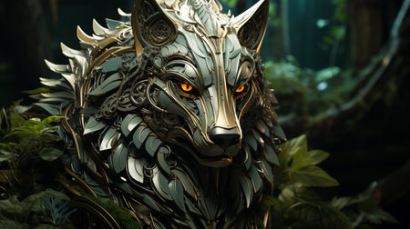front view of beaded wolf on the fantasy forest. Generative AIの素材