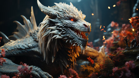 mad white dragon with glowing light blue eyes sitting on the rock. Generative AIの素材