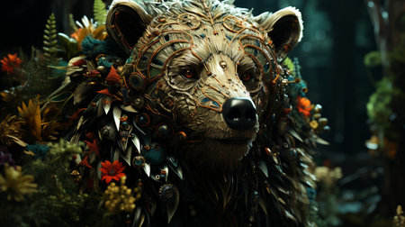 front-center view of beaded bear on the fantasy forest. Generative AIの素材