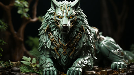 front view of beaded wolf on the fantasy forest. Generative AIの素材