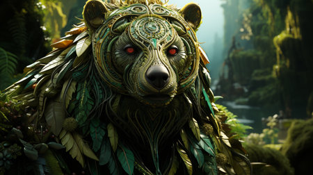 front-center view of beaded bear on the fantasy forest. Generative AIの素材