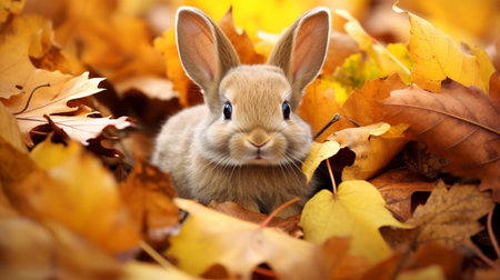 Little funny rabbit sitting in a pile of leaves in autumn. Charming domestic rabbitの素材