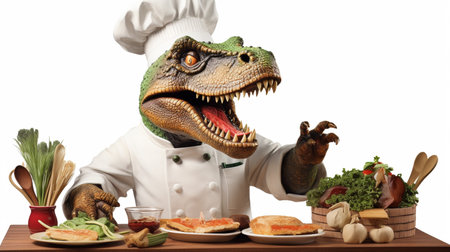 Cute and smiling dinosaur in chef uniform cooking dinnerの素材
