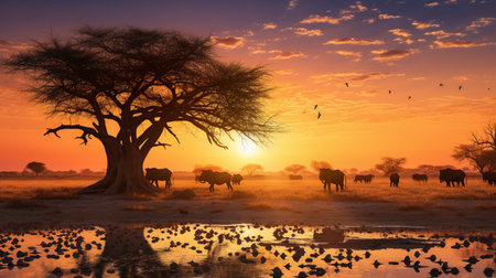 Herd of wild animals including wildebeest and zebra during migration through feed on grassの素材