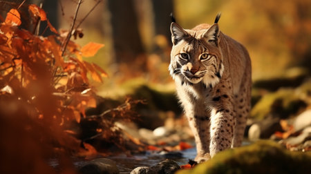 Lynx walking in the orange leaves with water. Wild animal hidden in nature habitatの素材