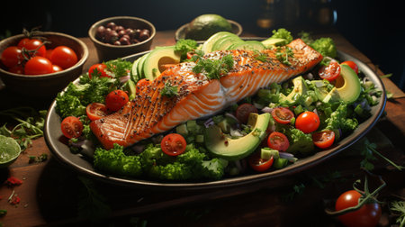 Grilled salmon fish fillet and fresh green lettuce vegetable tomato salad with avocado guacamoleの素材