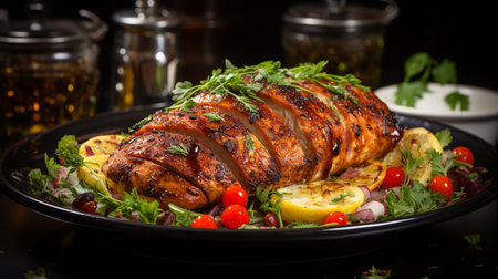 Grilled chicken breast, fillet and fresh vegetable salad. Healthy lunch menu with chicken meatの素材