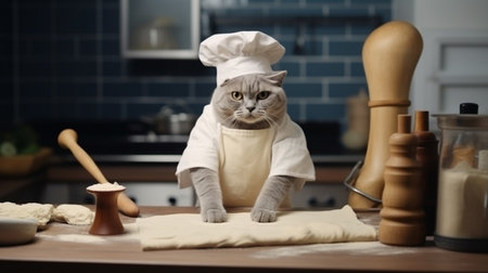 A cat in an apron and a cap rolls out the dough. Cooking at homeの素材