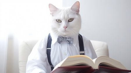 cat wearing teacher uniforms, book in hand. Intelligent cat boy in glasses suit and tieの素材