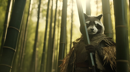 Raccoon ninja in kimono with katana sword attacksの素材