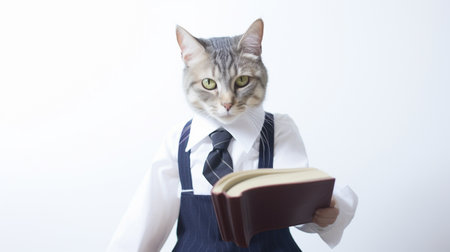 cat wearing teacher uniforms, book in hand. Intelligent cat boy in glasses suit and tieの素材