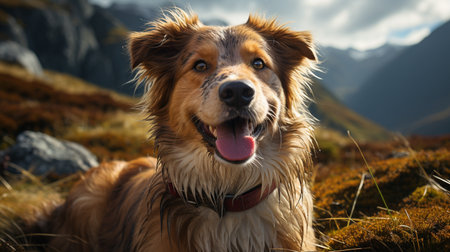 Brown mixed breed dog with tongue out and happy face in the mountains. Hiking with dog.の素材