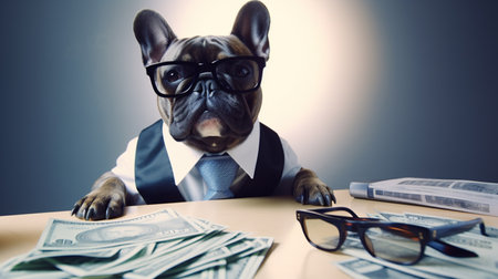 boss accountant rich french bulldog saving dollars with glasses and tieの素材