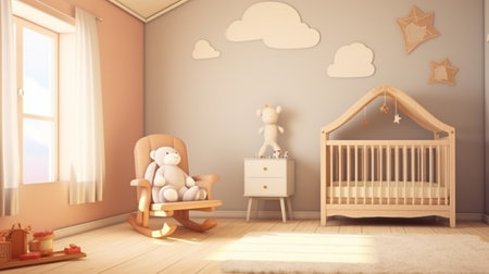 Baby room interior with comfortable crib. Interior of stylish children roomの素材