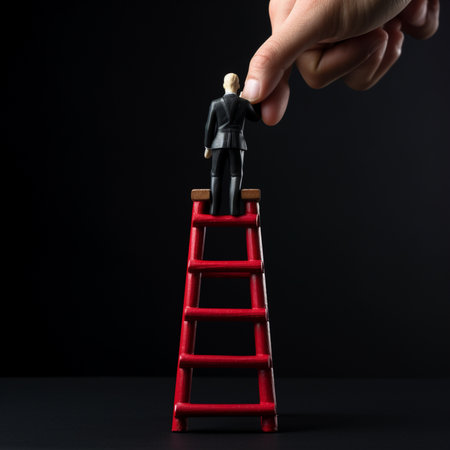 Businessman hand placing red wooden man doll on top of ladder on black backgroundの素材