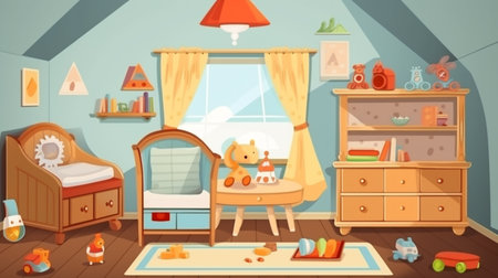 Cute child room interior with toys and modern furniture. Scandinavian interior design of playroomの素材