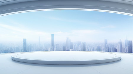 Empty unfurnished futuristic round shape interior design room with modern cityscape viewの素材