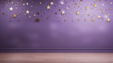 Empty room with gold stars on lilac or lavender color wallの素材