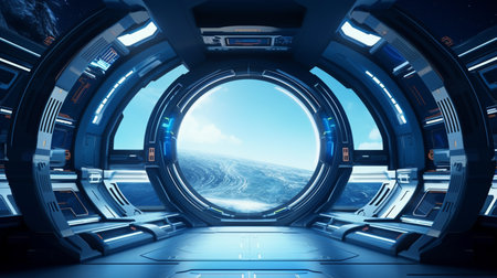 Futuristic interior of a space station with a view of Earth. Spaceship Corridor shuttle interiorの素材