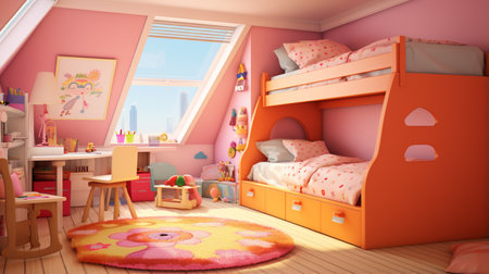 Interior of colorful bedroom for child girl. Cute child room interior with beautiful rainbowの素材
