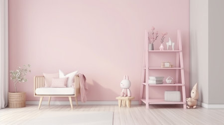 Minimalistic baby room interior with an elegant, small, chic, pink chairの素材