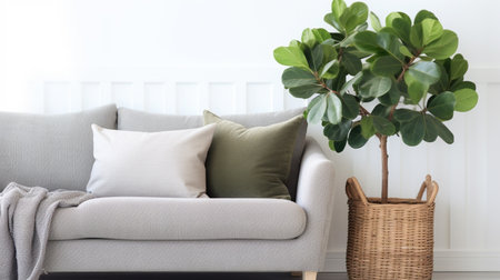 Living room interior with gray velvet sofa, pillows, wicker basket on white wall backgroundの素材
