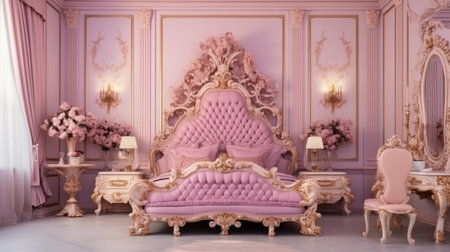 luxury interior of large bedroom in pink colors with expensive furniture in richの素材