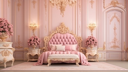 luxury interior of large bedroom in pink colors with expensive furniture in richの素材