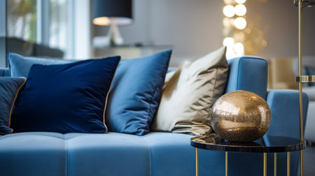 living room with blue velvet sofa. golden and blue pillows. sphere. modern interior in blue tonesの素材