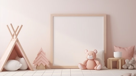 Mock up frame in children room with natural wooden furniture, Farmhouse style interior backgroundの素材