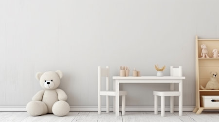 Mock up wall in the children room with kid table set in light white color wall backgroundの素材