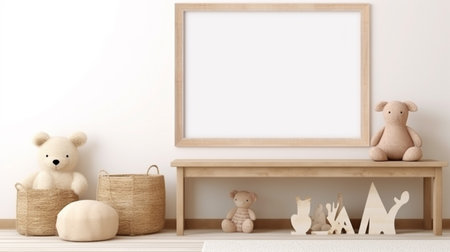 Mock up frame in children room with natural wooden furniture, Farmhouse style interior backgroundの素材