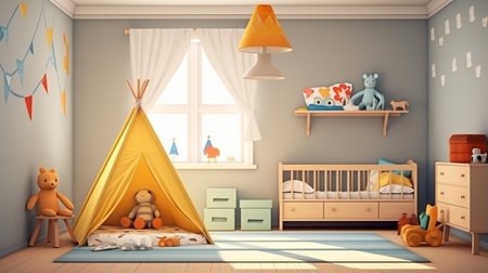 Modern nursery room interior with play tent for kids. an empty children playroom with tentの素材