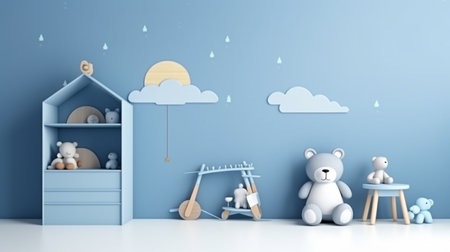 Mockup wall in the children room on wall blue colors background, children playroomの素材