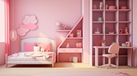 Modern girls bedroom interior with stylish furniture. Idea for designの素材