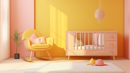 Modern baby room, wooden detail, cradle and crib, pink chair, cabinet. Baby in the bedの素材