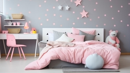 Interior of children bedroom. Modern teenager room interior with comfortable bedの素材