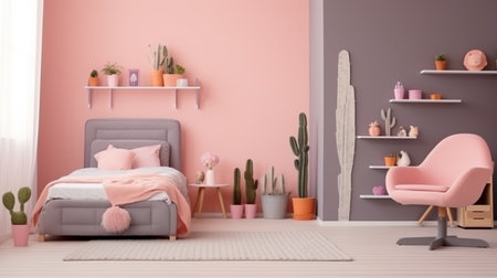 Pink girl room interior with a single bed, shelves, grey armchair and cactus shaped pillowの素材
