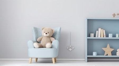 Small light blue armchair for kid standing in white room interior with stars the wallの素材