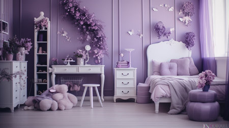 Violet decorations in cozy room for teenage girl. Picture of modern interior with purple colorの素材