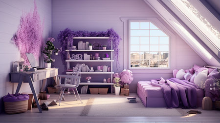 Violet decorations in cozy room for teenage girl. Picture of modern interior with purple colorの素材